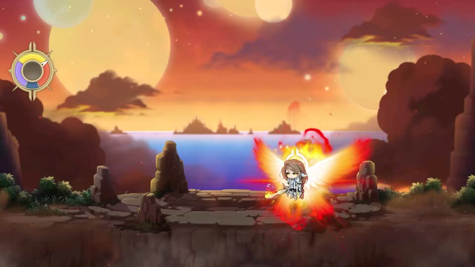 セレン2段階の夕方。赤い背景になり、炎や広い範囲攻撃で移動先が制限される。