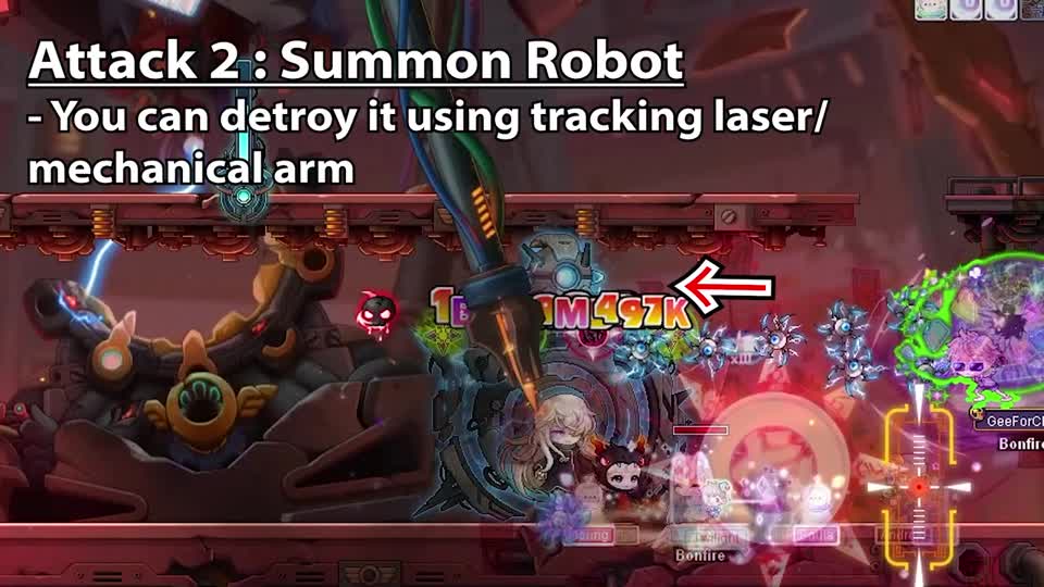 スウ2段階のロボット召喚例。中央に召喚物と足場、右側にプレイヤーと攻撃エフェクトが見える。